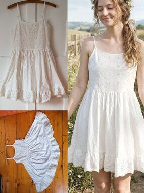Vintage White Eyelet Lace Babydoll Mini Dress Small
